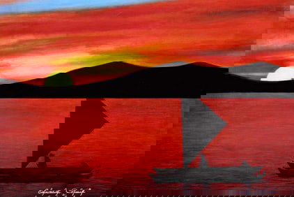 Original oil by Eddie Colaric on canvas Red Sunset Outrigger