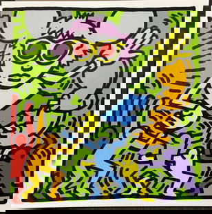 Keith Haring Silkscreen Serigraph Andy Mouse: Keith Haring Andy Mouse Serigraph from 1986 approx 38x38 inches Silkscreen in colors on museum board Working Trial Proof Includes certificate and printers official stamps.