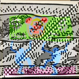 Keith Haring   Andy Mouse Serigraph: Keith Haring Andy Mouse Serigraph from 1986. Approx 38 x 38 inches Silkscreen in colors on museum board. Working Trial Proof Includes certificate and printers official stamps.