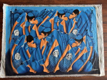 Old vintage painting haitian signed by Sanon Roosevelt Here is a very interesting work by a Haitian: Old vintage painting haitian signed by Sanon RooseveltHere is a very interesting work by a Haitian artist named Sanon Roosevelt. Oil on canvas, signed by Sanon Roosevelt.Measurements 71 x 95cm.Excelle