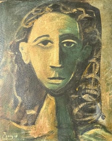 Artist: Pablo Picasso (1960s) Title: Portrait of Jacqueline Oil on board