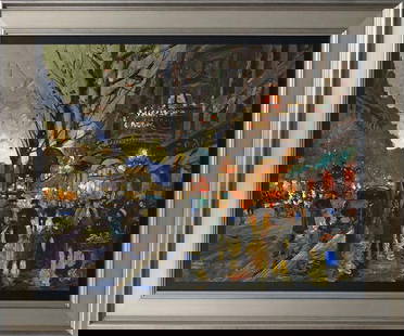 Michael Schofield Hand embellished oil on canvas Paris Luxor: Michael Schofield Hand embellished acrylic and ink on canvas. Approx. 18 x 24 image. Custom framed and hand signed by the artist. Includes certificates. This work was purchased directly from the