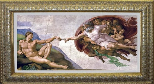 Creation, The Creation of Adam on embellished canvas framed. Approx 14 x 30 image