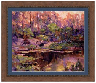 Golden hour at the Pond Original mixed media on canvas by David Lloyd Glover