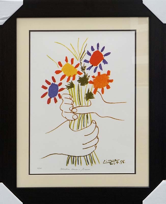 Pablo Picasso Bouquet of Peace Collection Domaine Picasso Limited Edition on paper.: Pablo Picasso Limited edition Lithograph Custom framed. Estate signed. From the Collection Domaine Picasso. Includes certificate of authenticity. Approx 22x16 inches size.