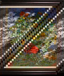 Vincent Van Gogh Flowers Hand embellished acrylic and ink on canvas after Vincent Van Gogh: Vincent Van Gogh Flowers Hand embellished acrylic and ink on canvas after Vincent Van Gogh Hand embellished acrylic and ink on canvas. The signature is in the plate. Custom framed. Approx 30x28 inches