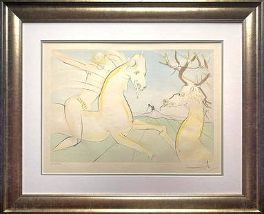 Salvador Dali Limited Edition Fables of Fontaine Original Lithograph Hand signed and number (Le: Fables of Fontaine Limited Edition. Original Lithograph Salvador Dali Hand signed and numbered by Dali. Custom framed Includes certificate. Approx size is 32x25 inches.