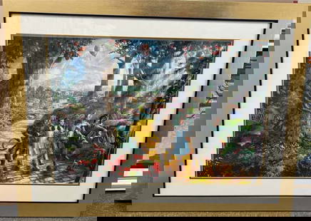 Wizard of Oz Original lithograph by Thomas Kinkade Limited First Edition  Follow the Yellow Brick: Wizard of Oz Original lithograph by Thomas Kinkade Limited First Edition Hand signed and numbered. Approx 27x18 inches image size Includes certificate and is custom framed.