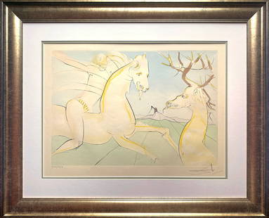 Salvador Dali Limited Edition Fables of Fontaine Original Lithograph Hand signed and number (Le: Fables of Fontaine Limited Edition. Original Lithograph Salvador Dali Hand signed and numbered by Dali. Custom framed Includes certificate. Approx size is 32x25 inches.