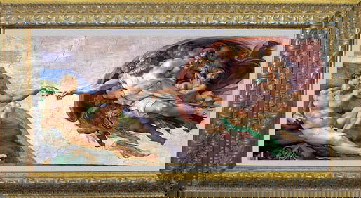 Creation, The Creation of Adam on embellished canvas framed. Approx 14 x 30 image