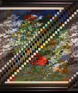 Vincent Van Gogh Flowers Hand embellished acrylic and ink on canvas after Vincent Van Gogh: Vincent Van Gogh Flowers Hand embellished acrylic and ink on canvas after Vincent Van Gogh Hand embellished acrylic and ink on canvas. The signature is in the plate. Custom framed. Approx 30x28 inches