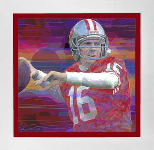 Joe Montana Hand embellished on canvas by David Lloyd Glover: Joe Montana Hand embellished on canvas by David Lloyd Glover Hand signed by the artist. On canvas. Approx image size 18x24 inches. Custom framed and includes certificate. This work was purchased direc