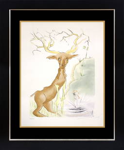 Salvador Dali The Deer Seeing Himself in the Water from Fables of Fontaine Limited Edition Etching.: Salvador Dali The Deer Seeing Himself in the Water from The Fables of Fontaine (Le Bestiare de la Fontaine) Limited Edition original Etching Hand signed and numbered by Dali Custom framed Includes cer
