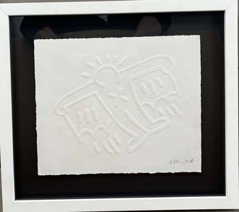 Keith Haring  Flying Devil embossed engraving 1989: Keith Haring embossed engraving from 1989 Flying Devil includes official seal from The Keith Haring Foundation. comes custom framed and with certificate. 1989 Approx 14x12 inches image size.