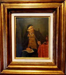 Oil on wood.  Ancient painting self-portrait by Wilhelm Ruprecht (painter-lithographer) (1806-1870): Oil on wood. Ancient painting self-portrait by Wilhelm Ruprecht (painter-lithographer) (1806-1870) Halberstadt. Ancient painting Man with a pipe, is the self-portrait of the artist signed back W. Rupr