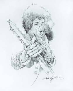 JIMI HENDRIX SKETCH Original mixed media on paper by David Lloyd Glover: JIMI HENDRIX SKETCH Original mixed media on paper by David Lloyd Glover Hand signed by the artist. One of a kind original. 24x18 inches image size Custom framed and includes certificate of authenticit