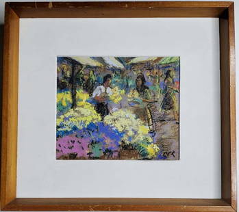 Oil painting  Georges Albert CYR Marche aux fleurs: Oil by Georges Albert Marche Aux Fleurs Gouache on paper 7x6 image size inches Georges Cyr was born in Montgeron (Seine et Oise), in France. He started his artistic career on the advice of the painter