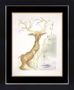 Salvador Dali The Deer Seeing Himself in the Water from Fables of Fontaine Limited Edition Etching.: Salvador Dali The Deer Seeing Himself in the Water from The Fables of Fontaine (Le Bestiare de la Fontaine) Limited Edition original Etching Hand signed and numbered by Dali Custom framed Includes cer