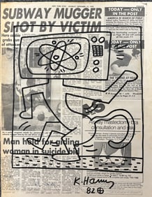 Keith Haring original drawing on newspaper.  Hand signed 1982