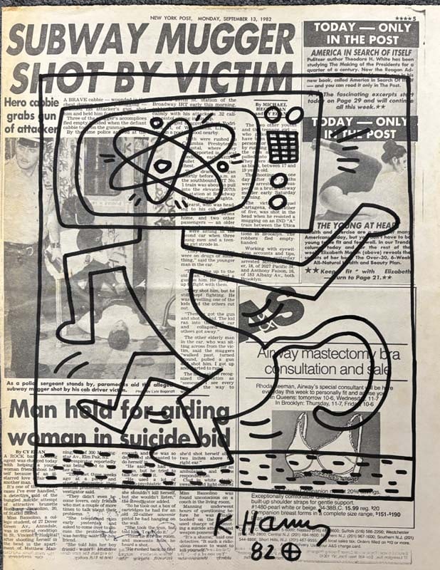 Keith Haring original drawing on newspaper.  Hand signed 1982 (1 of 1)