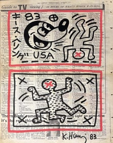 Keith Haring original drawing on newspaper.  Hand signed 1983