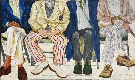 Ann Yost. Four Men. Original Oil Painting on Canvas. 2001. 36 x 60 inches.