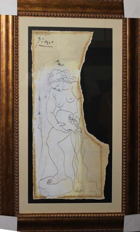 Pablo Picasso Woman Pouring Water Pablo Picasso Limited Edition ink on paper.: Woman Pouring Water After Pablo Picasso. Limited Edition ink on paper. The signature is in the plate. Part of the Collection Domaine Picasso. Approx 28x40 inches. Custom framed. Includes certificate.