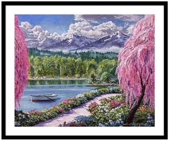 Springtime Lake Garden Walk Original mixed media on canvas by David Lloyd Glover
