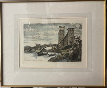 1929 original etching The Ponte Vecchio Venice with original frame hand signed in pencil