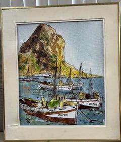 Bernard Dufour original Acrylic on canvas harbour scene.