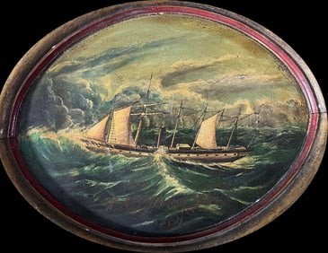 Oval painting oil on wood   - Steam Ship H.MS Rising Star 1821