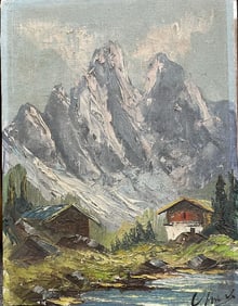 Vintage Original Oil Painting on Canvas. Swiss Alps Scene. 16 x 12 inches.