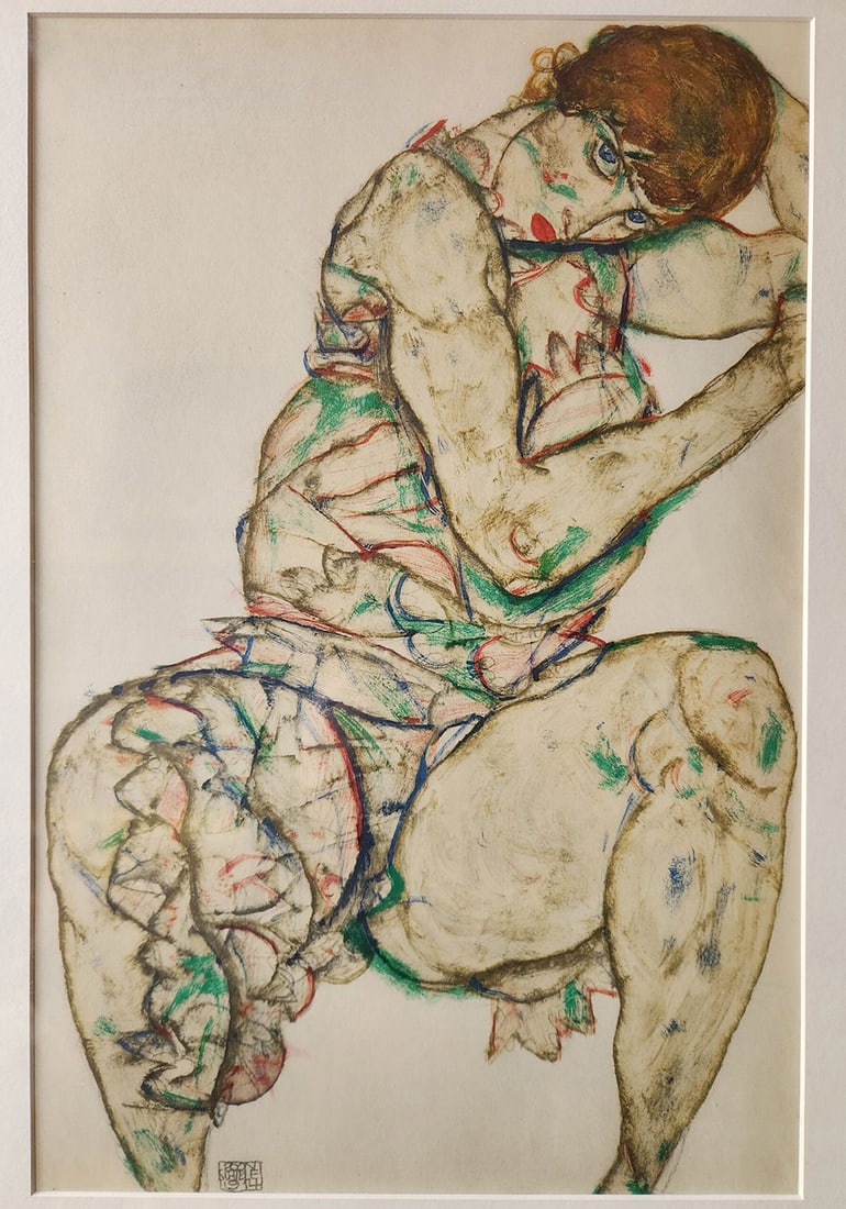 Egon Schiele OLD EGON SCHIELE  ORIGINAL LITHOGRAPH SEATED WOMAN HOLDING HER HEAD (1 of 1)