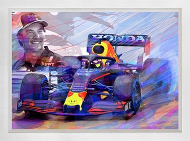 David Lloyd Glover (American 1949) Sergio Perez F1. Red Bull Racing Original Mixed Media Painting on