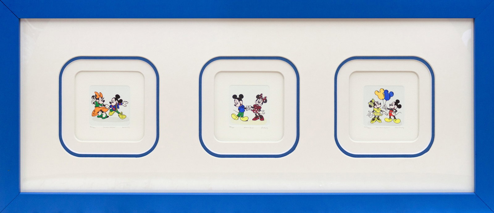 Mickey Mouse and Minnie Mouse in action hand colored original Etching Walt Disney: Mickey Mouse and Minnie Mouse in action Walt Disney hand colored original etching Custom framed. Includes certificate. Approx 15x32 inches. Art Artwork Artist.