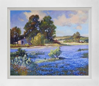 Texas Hill Country Blue Bonnets hand embellished on canvas by David Lloyd Glover