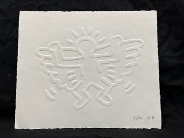 Keith Haring engraving on paper Hand signed by Keith Haring in pencil and dated 1989 embossed