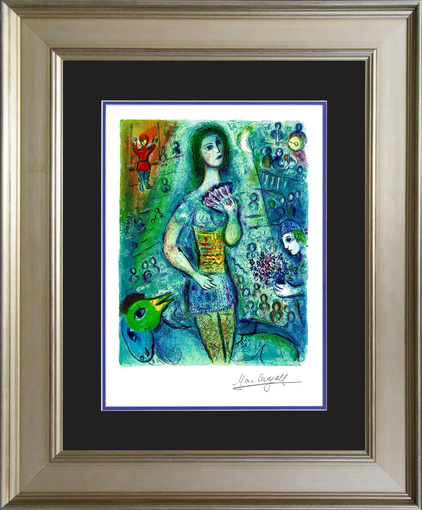 Marc Chagall Circus Fan Dancer Marc Chagall Limited Edition: Marc Chagall. Limited edition lithograph on archival watercolor paper. The signature is in the plate. Certificate of Authenticity is included. Approx. 25x30 in. Custom framed.