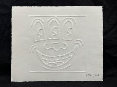 Keith Haring engraving on paper Three Eyed Smiling Face Hand signed by Keith Haring in pencil and