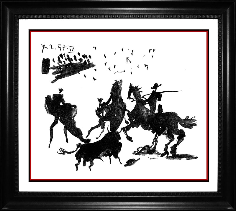 Pablo Picasso Limited Edition Lithograph Collection Domaine Picasso: Pablo Picasso Limited Edition Lithograph Bullfight. Approx. 24x26 inches. Estate signed, part of Collection Domain Picasso. Includes Certificate of Authenticity. Custom framed.