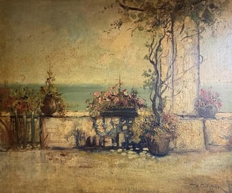 K. Gorbatova. Oil on canvas Terrace with Flowers and Sea View.