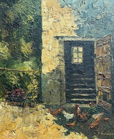 George Lapchine Technique: Oil on board Rural Scene with Chickens