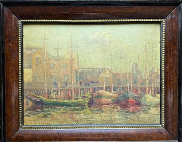 Artist: Jane Peterson (1876-1965) Technique: Oil on cardboard Title: Harbor Scene Boats