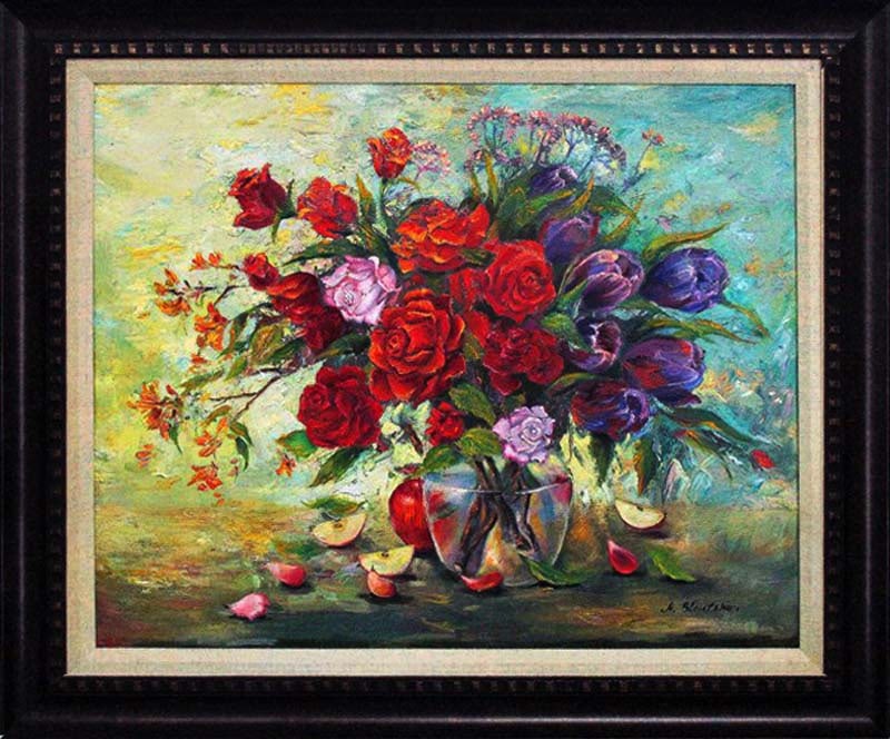 Arina Original Mixed Media Still Life with Apple Hand Signed: Arina-Still Life with Apple. Mixed Media original on canvas 27 x 36 approx. Includes certificate of authenticity. Custom framed.