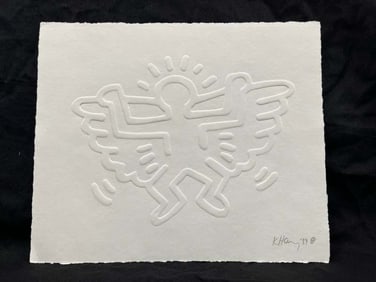Keith Haring Angel engraving on paper Hand signed by Keith Haring in pencil and dated 1989 embossed