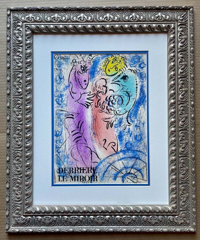 Marc Chagall Lithograph from 1974 Derrier Le Miroir: Marc Chagall Lithograph from 1974 Derrier Le Miroir 1974 Approx 24x22 inches Custom framed and includes certificate of authenticitiy.