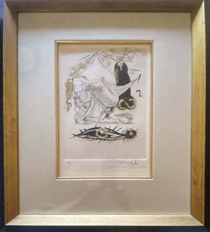 Salvador Dali Dry Point Etchings hand colored and gilded with gold. Limited Edition: Dry Point Etchings hand colored and gilded with gold. Limited Edition Hand signed and numbered by the artist. Approx 22x20 inches Custom framed and includes certificate.
