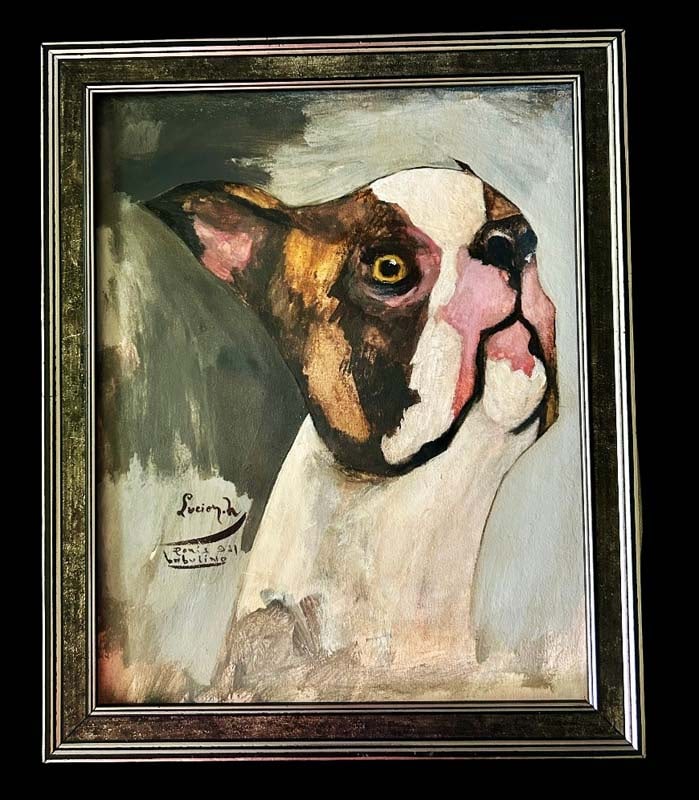 French Bull Dog Original oil hand signed on canvas Lucien: French Bull Dog Original oil hand signed on canvas Lucien Approx 20x16 inches. Comes framed.