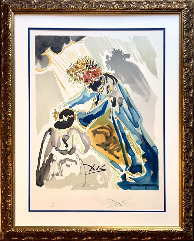 Salvador Dali Phoebus, ce Dieu Coromne de Lauriers from The Art of Loving Ovide. 1979. Limited: Salvador Dali Phoebus, ce Dieu Coromne de Lauriers from The Art of Loving Ovide 1979. Lithograph in Colors. Hand signed and numbered. Limited Edition. Fingerprint on verso for authenticity. Approx 30x