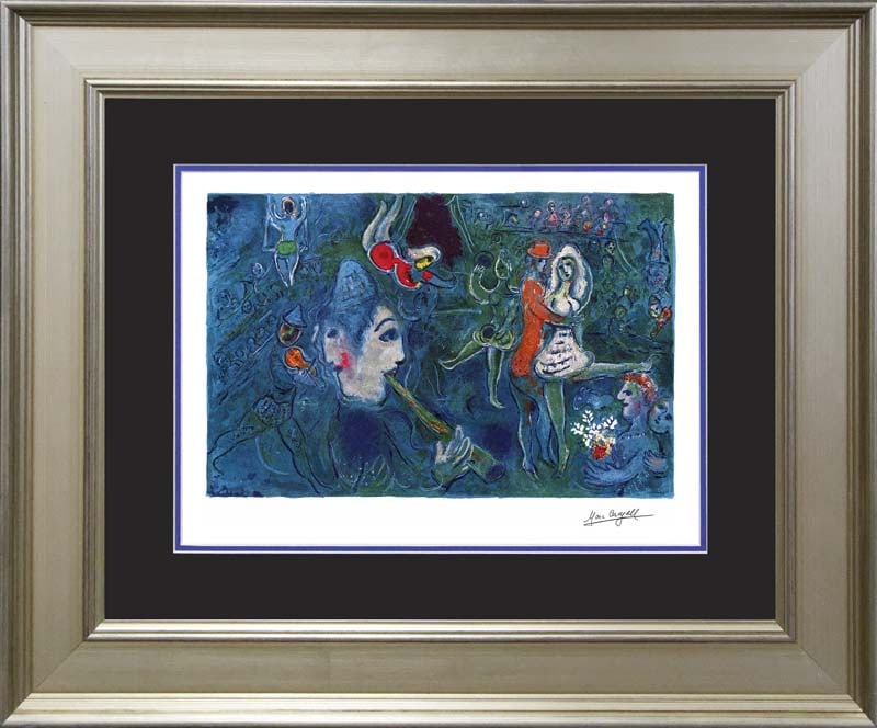 Marc Chagall Circus Clown and Dancer Marc Chagall Limited Edition: by Marc Chagall. Limited edition lithograph on archival watercolor paper. The signature is in the plate. Certificate of Authenticity is included. Approx. 25x30 in. Custom framed.